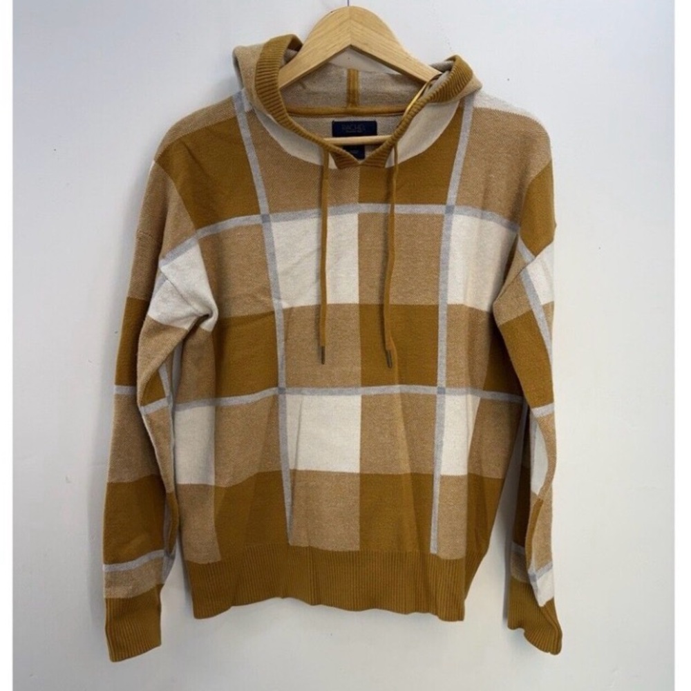 RACHEL ROY Sweater Womens KNIT Pullover Hoodie Blue Tan White Pla… - Picture 3 of 10